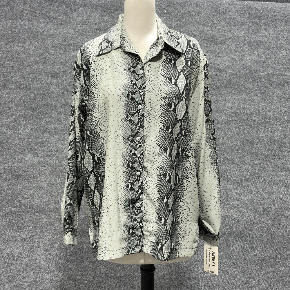 Vintage Abbey L Shirt Womens Top Large Gray Black Snake Print Button Up USA